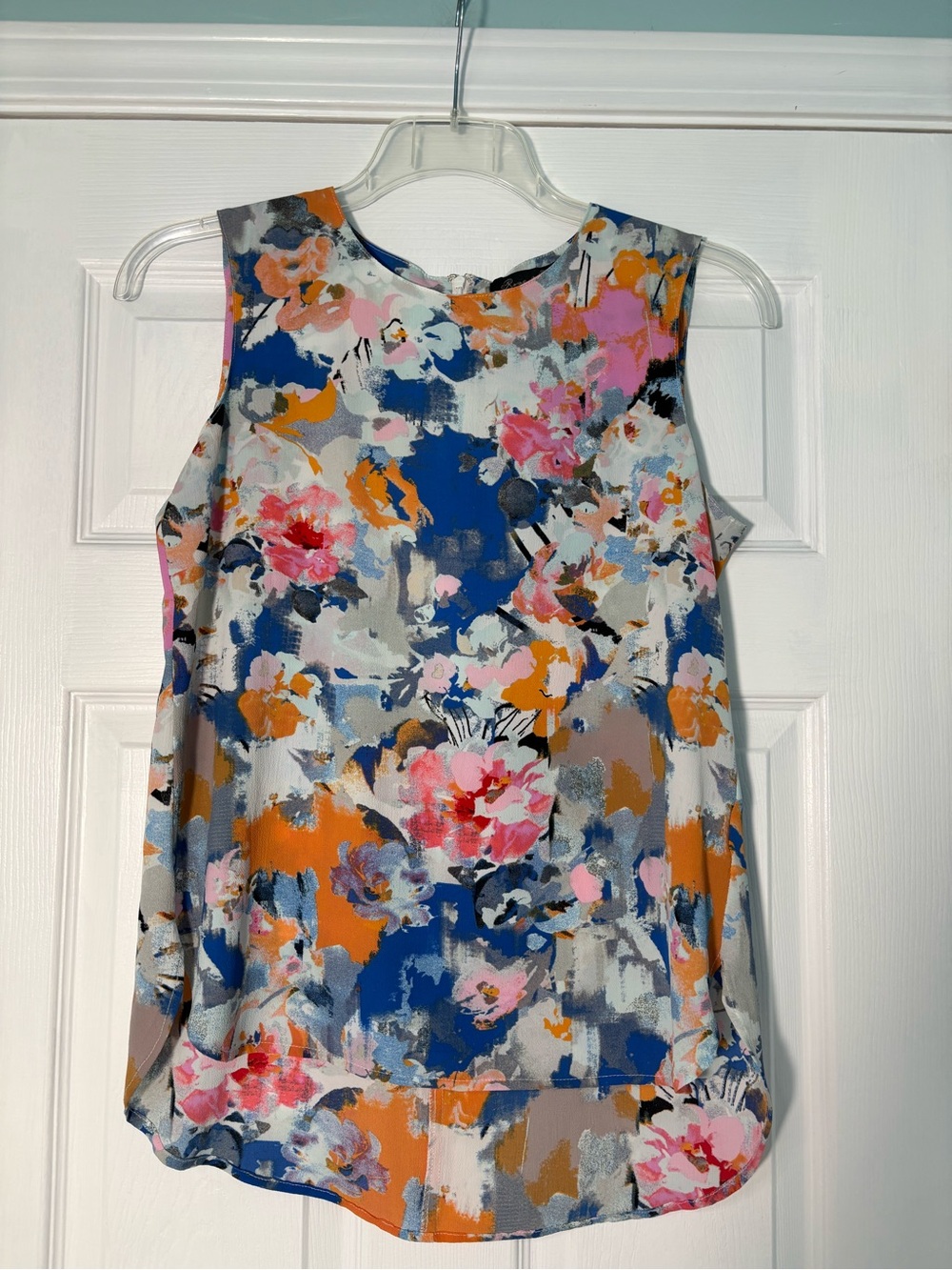 Rose & Olive Painterly Floral Sleeveless Blouse in Blue, Pink & Orange